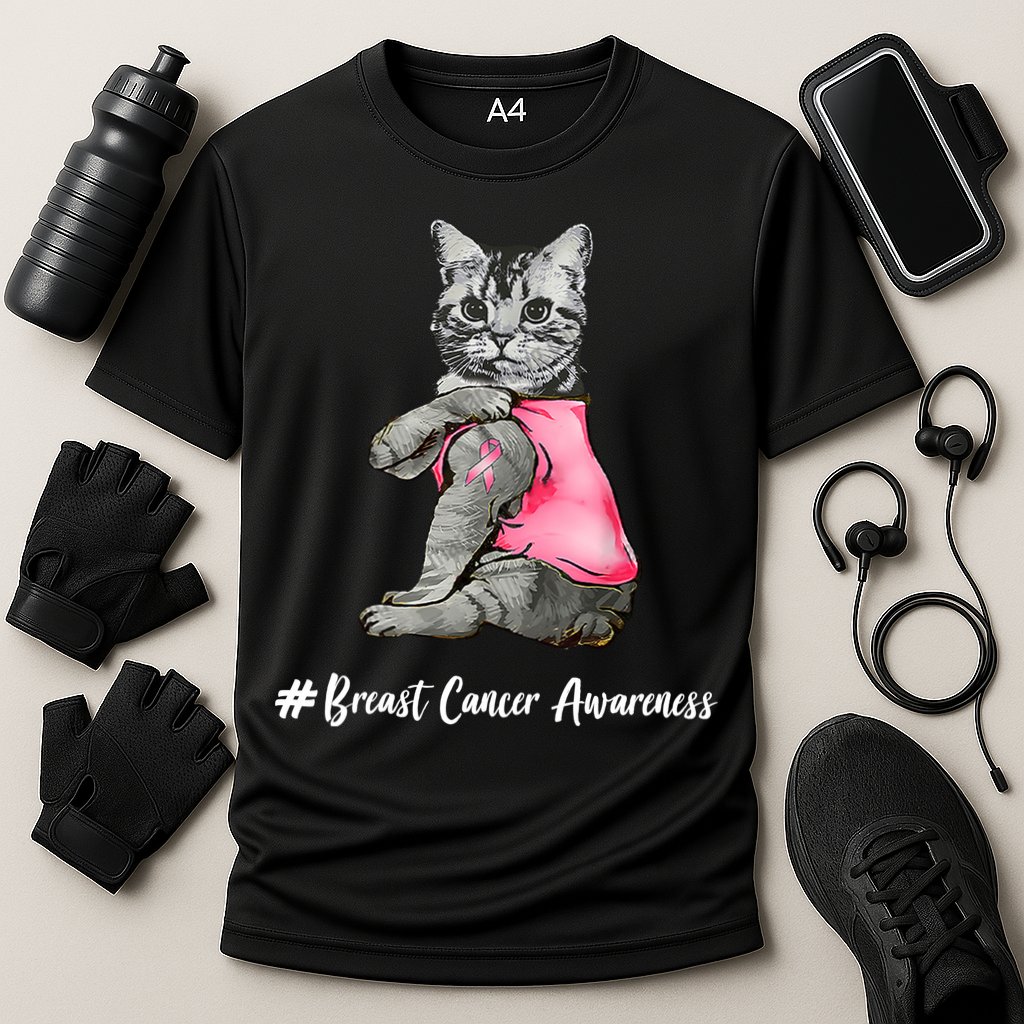 Cat Pink Ribbon Breast Cancer Cooling Performance Crew T-Shirt