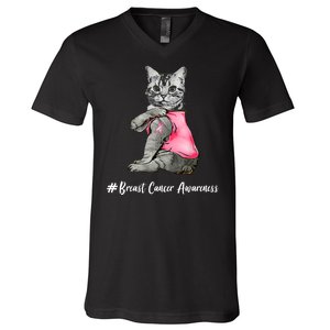 Cat Pink Ribbon Breast Cancer V-Neck T-Shirt