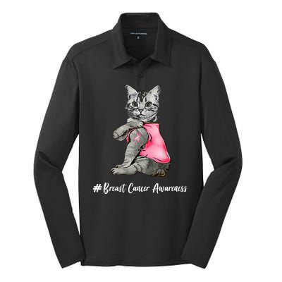 Cat Pink Ribbon Breast Cancer Silk Touch Performance Long Sleeve Polo