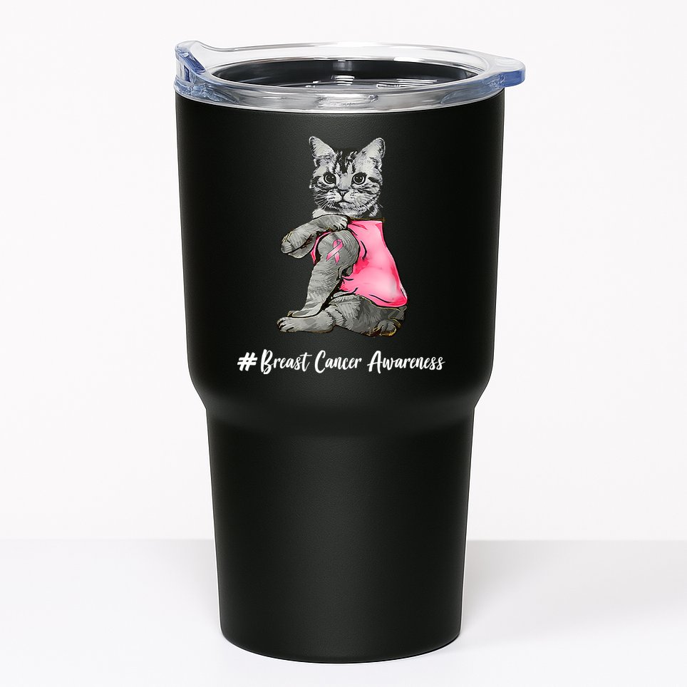 Cat Pink Ribbon Breast Cancer Tumbler