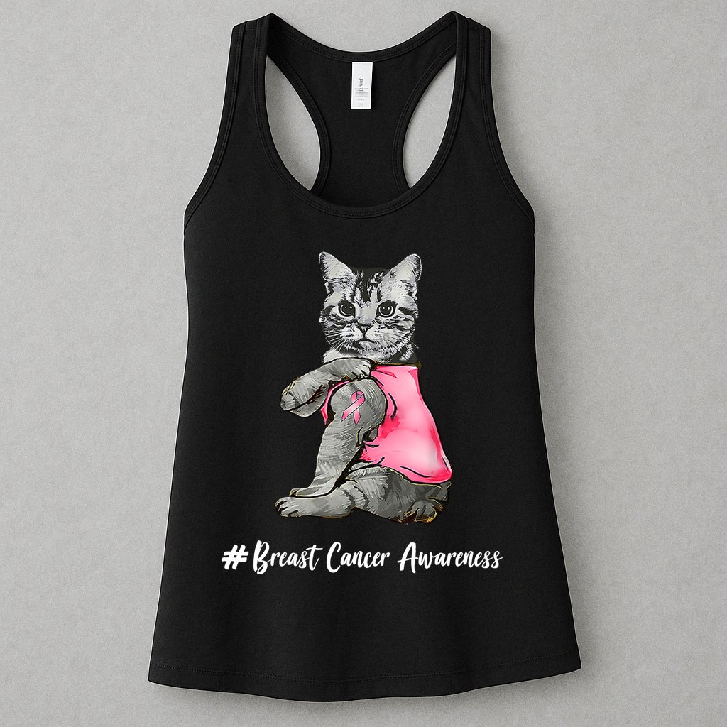 Cat Pink Ribbon Breast Cancer Womens Tank Top