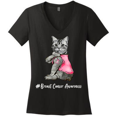 Cat Pink Ribbon Breast Cancer Women's V-Neck T-Shirt