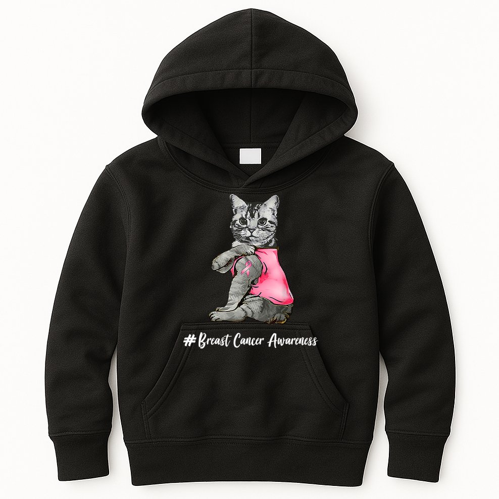 Cat Pink Ribbon Breast Cancer Kids Hoodie