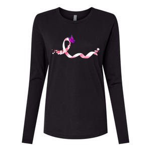 Cute Pink Ribbon Butterfly Breast Cancer Awareness Womens Cotton Relaxed Long Sleeve T-Shirt