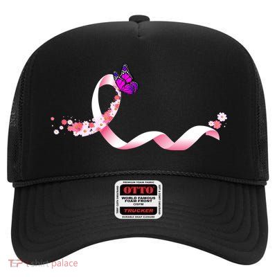 Cute Pink Ribbon Butterfly Breast Cancer Awareness High Crown Mesh Back Trucker Hat