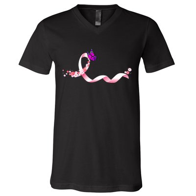 Cute Pink Ribbon Butterfly Breast Cancer Awareness V-Neck T-Shirt