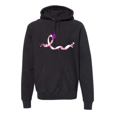 Cute Pink Ribbon Butterfly Breast Cancer Awareness Premium Hoodie