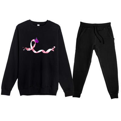 Cute Pink Ribbon Butterfly Breast Cancer Awareness Premium Crewneck Sweatsuit Set