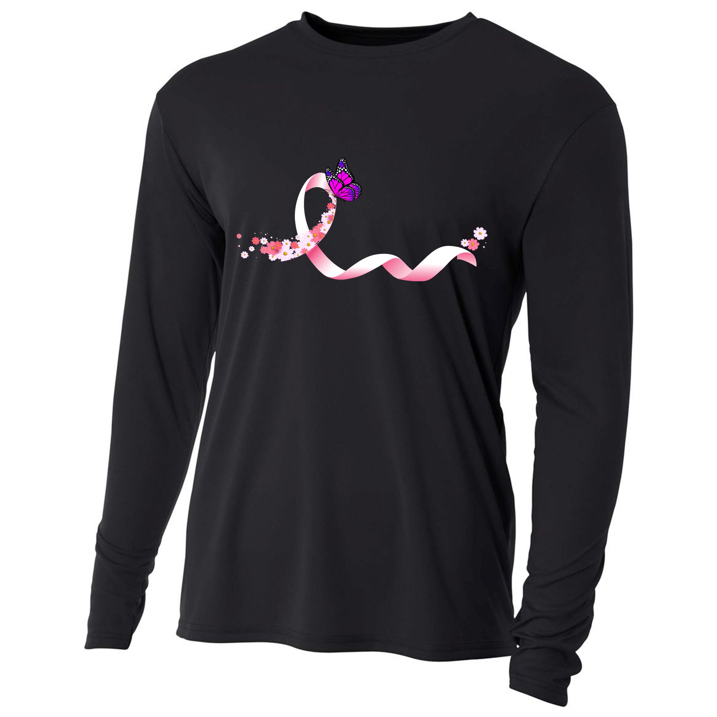 Cute Pink Ribbon Butterfly Breast Cancer Awareness Cooling Performance Long Sleeve Crew