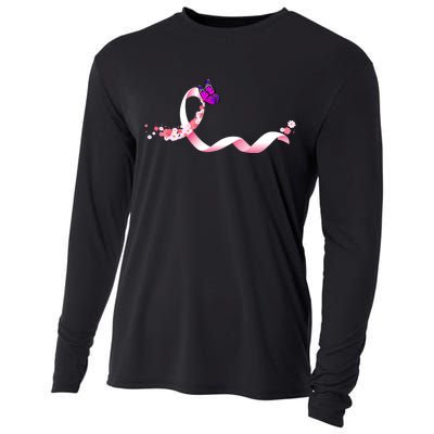 Cute Pink Ribbon Butterfly Breast Cancer Awareness Cooling Performance Long Sleeve Crew