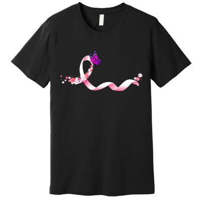 Cute Pink Ribbon Butterfly Breast Cancer Awareness Premium T-Shirt