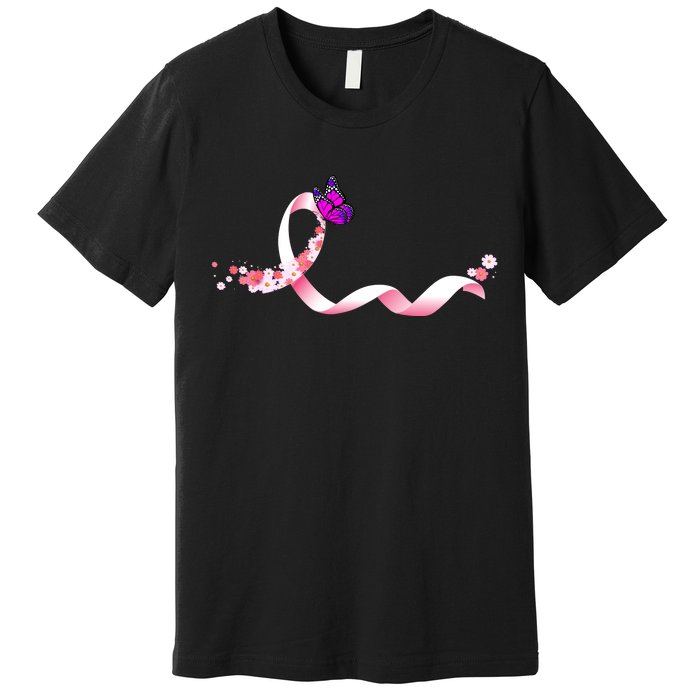 Cute Pink Ribbon Butterfly Breast Cancer Awareness Premium T-Shirt