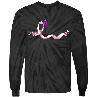 Cute Pink Ribbon Butterfly Breast Cancer Awareness Tie-Dye Long Sleeve Shirt