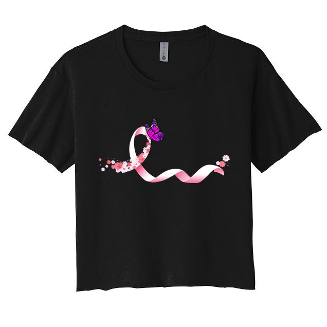 Cute Pink Ribbon Butterfly Breast Cancer Awareness Crop Top