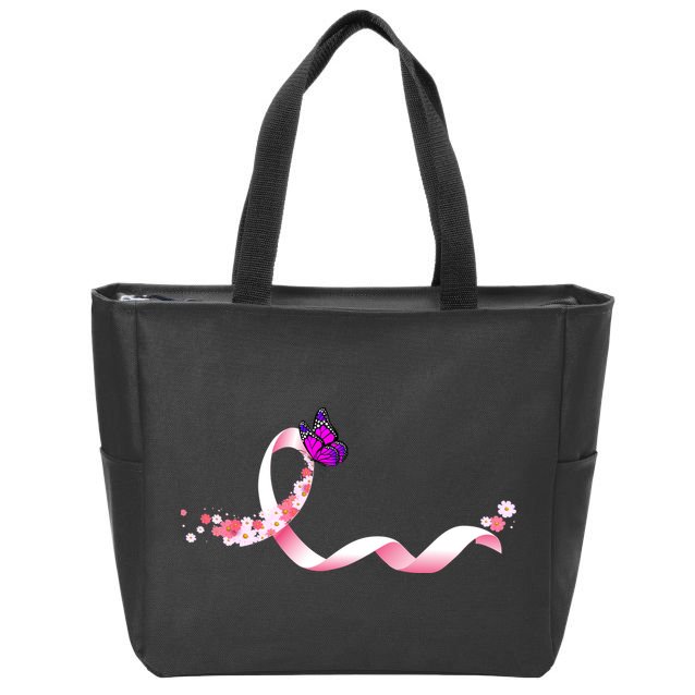 Cute Pink Ribbon Butterfly Breast Cancer Awareness Zip Tote Bag