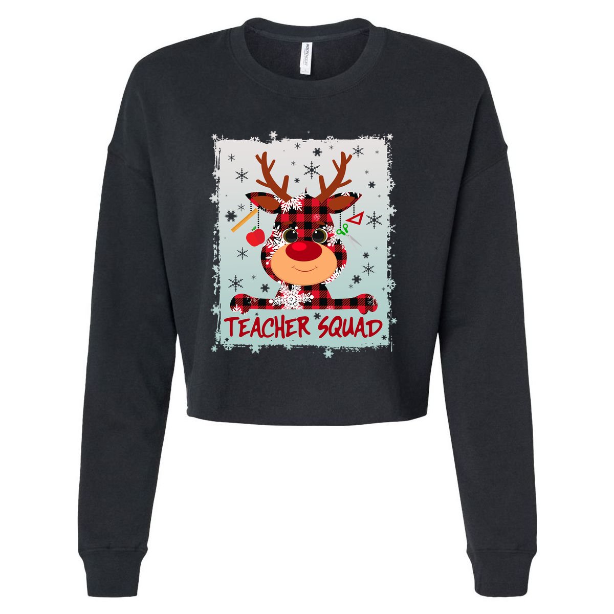 Cute Plaid Reindeer Teacher Squad Cropped Pullover Crew