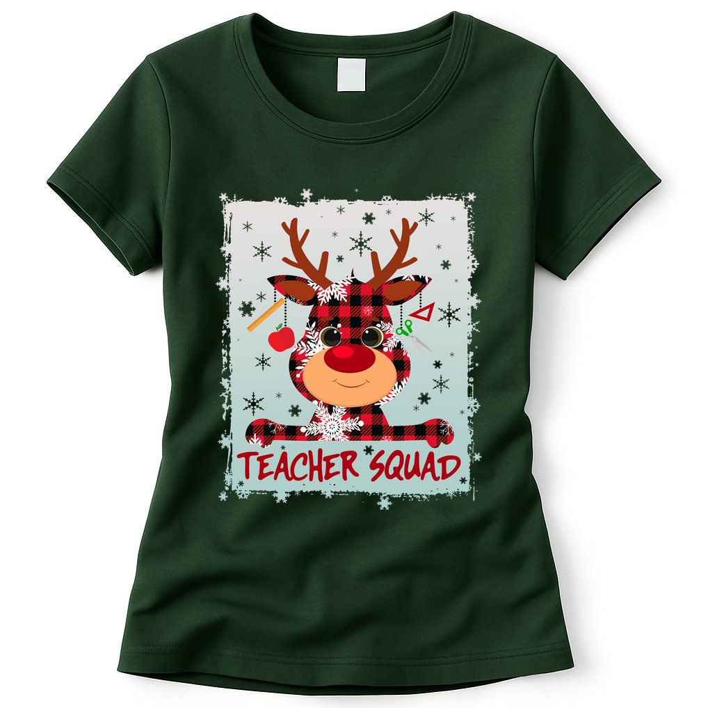 Cute Plaid Reindeer Teacher Squad Womens T-Shirt