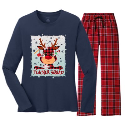 Cute Plaid Reindeer Teacher Squad Women's Long Sleeve Flannel Pajama Set 