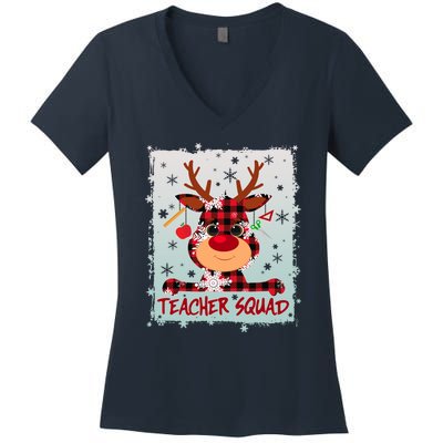 Cute Plaid Reindeer Teacher Squad Women's V-Neck T-Shirt