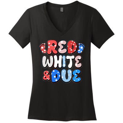 Cute Patriotic Red White And Due New Baby Women's V-Neck T-Shirt