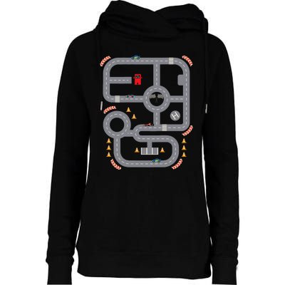 Cool Playmat Race Car Track On Back Dad Race Car Mat Womens Funnel Neck Pullover Hood