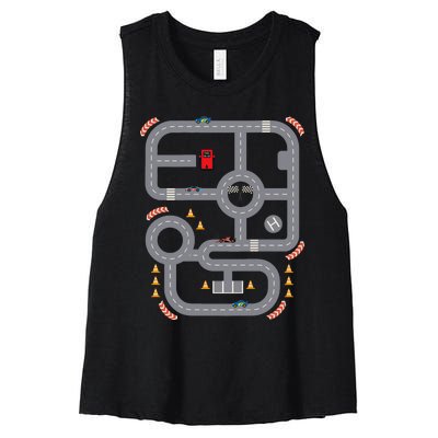 Cool Playmat Race Car Track On Back Dad Race Car Mat Women's Racerback Cropped Tank