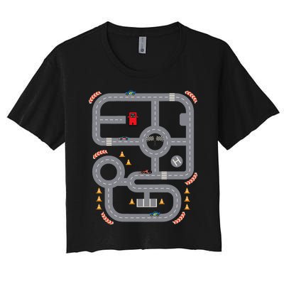 Cool Playmat Race Car Track On Back Dad Race Car Mat Women's Crop Top Tee