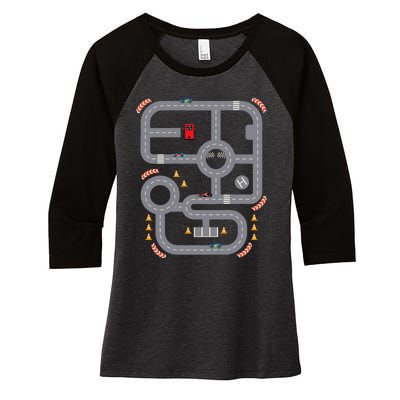 Cool Playmat Race Car Track On Back Dad Race Car Mat Women's Tri-Blend 3/4-Sleeve Raglan Shirt