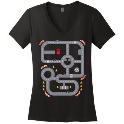 Cool Playmat Race Car Track On Back Dad Race Car Mat Women's V-Neck T-Shirt