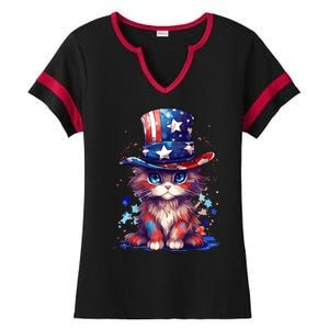 Cute Patriotic Red White And Blue Kitten Cat Ladies Halftime Notch Neck Tee