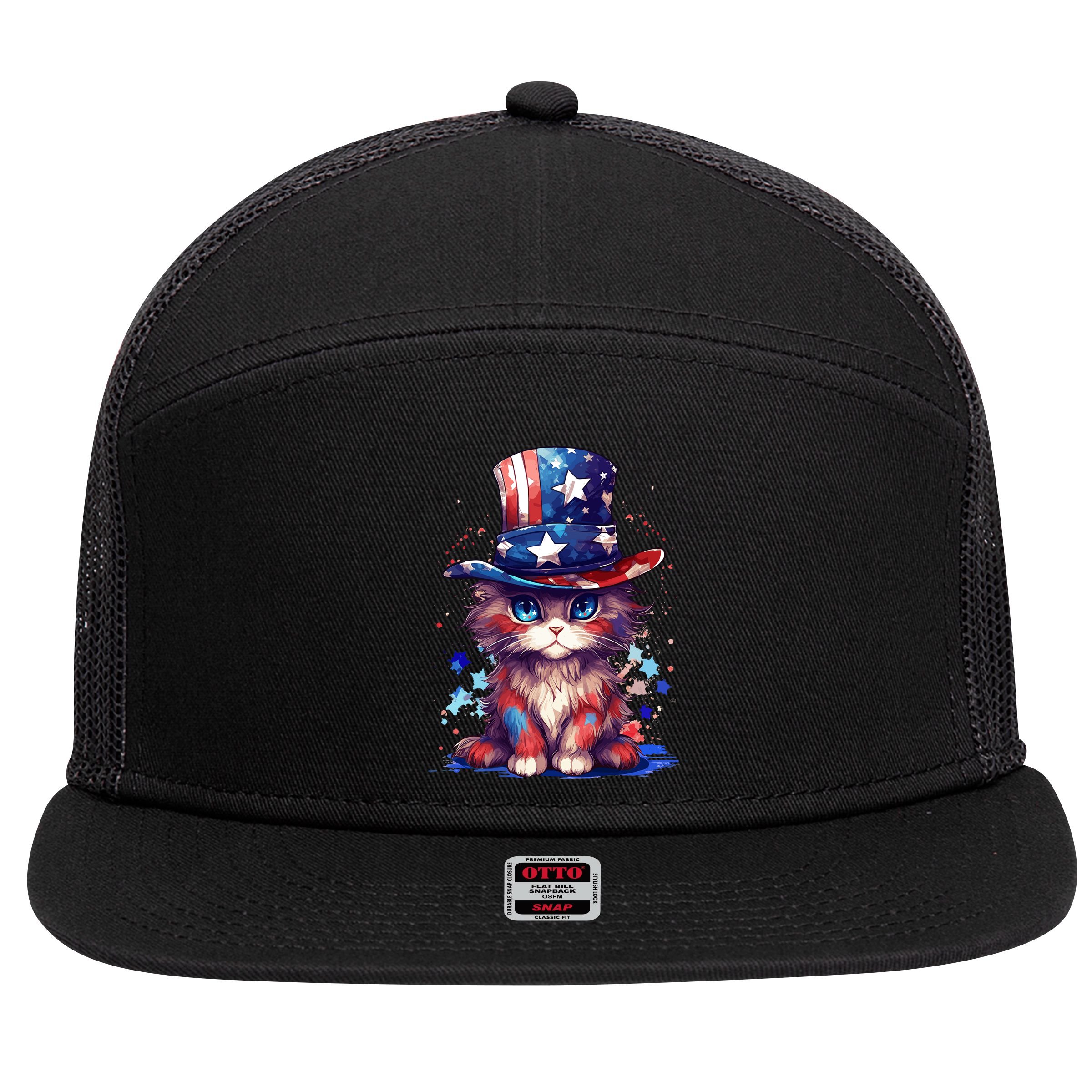 Cute Patriotic Red White And Blue Kitten Cat 7 Panel Mesh Trucker Snapback Hat