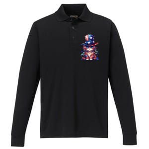 Cute Patriotic Red White And Blue Kitten Cat Performance Long Sleeve Polo