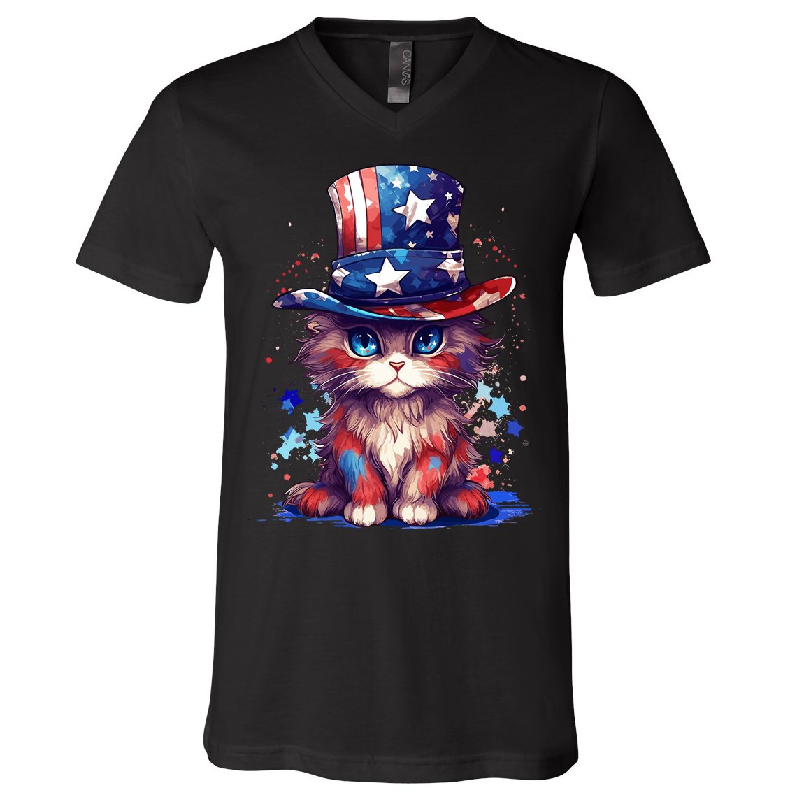 Cute Patriotic Red White And Blue Kitten Cat V-Neck T-Shirt