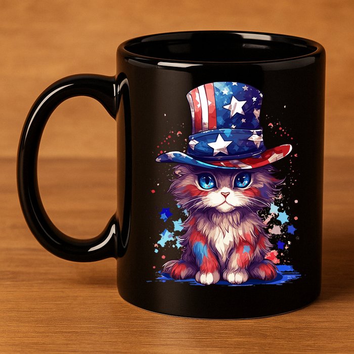 Cute Patriotic Red White And Blue Kitten Cat 11oz C Handle Ceramic Mug