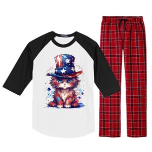 Cute Patriotic Red White And Blue Kitten Cat Raglan Sleeve Pajama Set