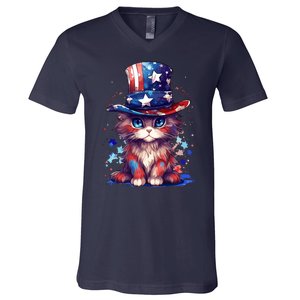 Cute Patriotic Red White And Blue Kitten Cat V-Neck T-Shirt