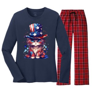 Cute Patriotic Red White And Blue Kitten Cat Women's Long Sleeve Flannel Pajama Set 