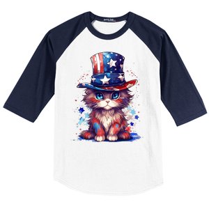 Cute Patriotic Red White And Blue Kitten Cat Baseball Sleeve Shirt