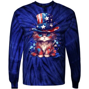 Cute Patriotic Red White And Blue Kitten Cat Tie-Dye Long Sleeve Shirt