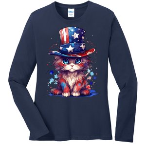 Cute Patriotic Red White And Blue Kitten Cat Ladies Long Sleeve Shirt