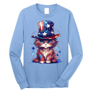 Cute Patriotic Red White And Blue Kitten Cat Long Sleeve Shirt