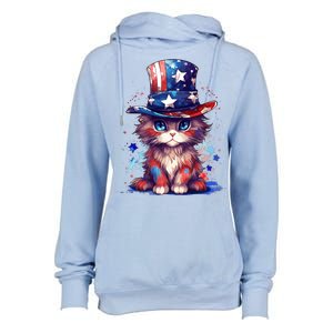 Cute Patriotic Red White And Blue Kitten Cat Womens Funnel Neck Pullover Hood