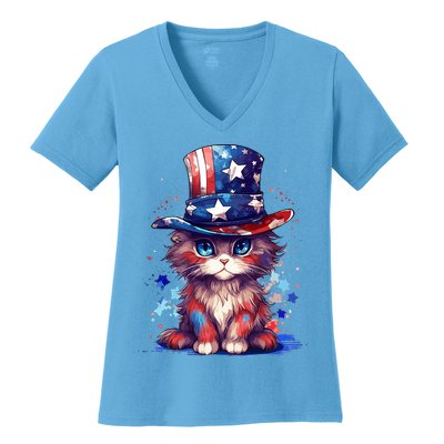 Cute Patriotic Red White And Blue Kitten Cat Women's V-Neck T-Shirt
