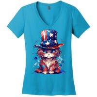 Cute Patriotic Red White And Blue Kitten Cat Women's V-Neck T-Shirt