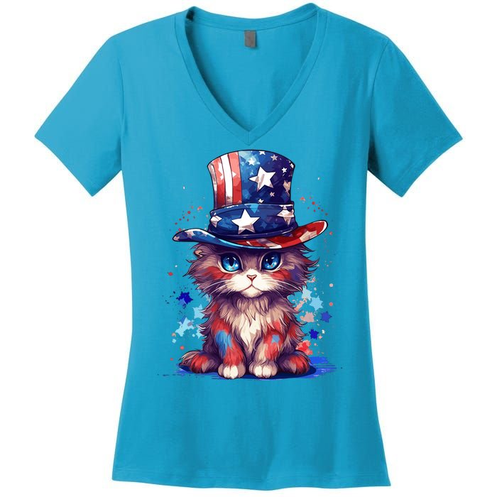 Cute Patriotic Red White And Blue Kitten Cat Women's V-Neck T-Shirt