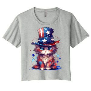 Cute Patriotic Red White And Blue Kitten Cat Women's Crop Top Tee