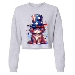 Cute Patriotic Red White And Blue Kitten Cat Cropped Pullover Crew