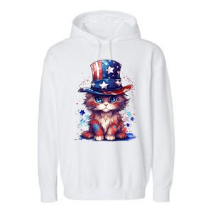 Cute Patriotic Red White And Blue Kitten Cat Garment-Dyed Fleece Hoodie