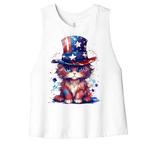 Cute Patriotic Red White And Blue Kitten Cat Women's Racerback Cropped Tank