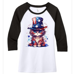 Cute Patriotic Red White And Blue Kitten Cat Women's Tri-Blend 3/4-Sleeve Raglan Shirt